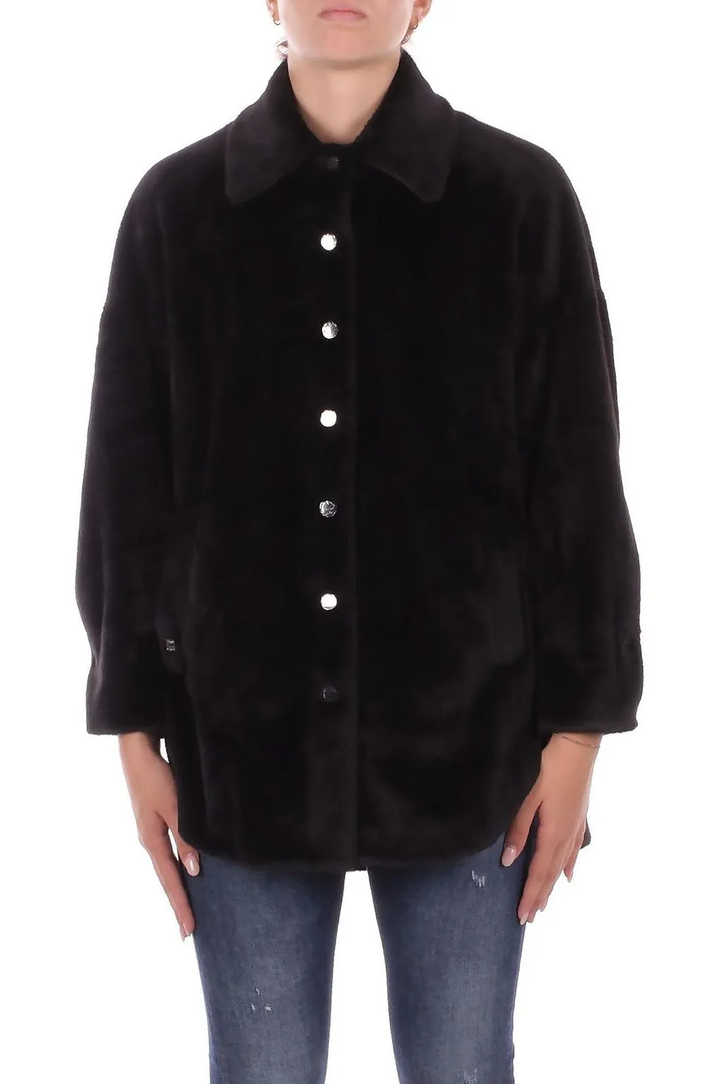 Manila Grace Press Buttoned Eco-Fur Shirtdress Coat