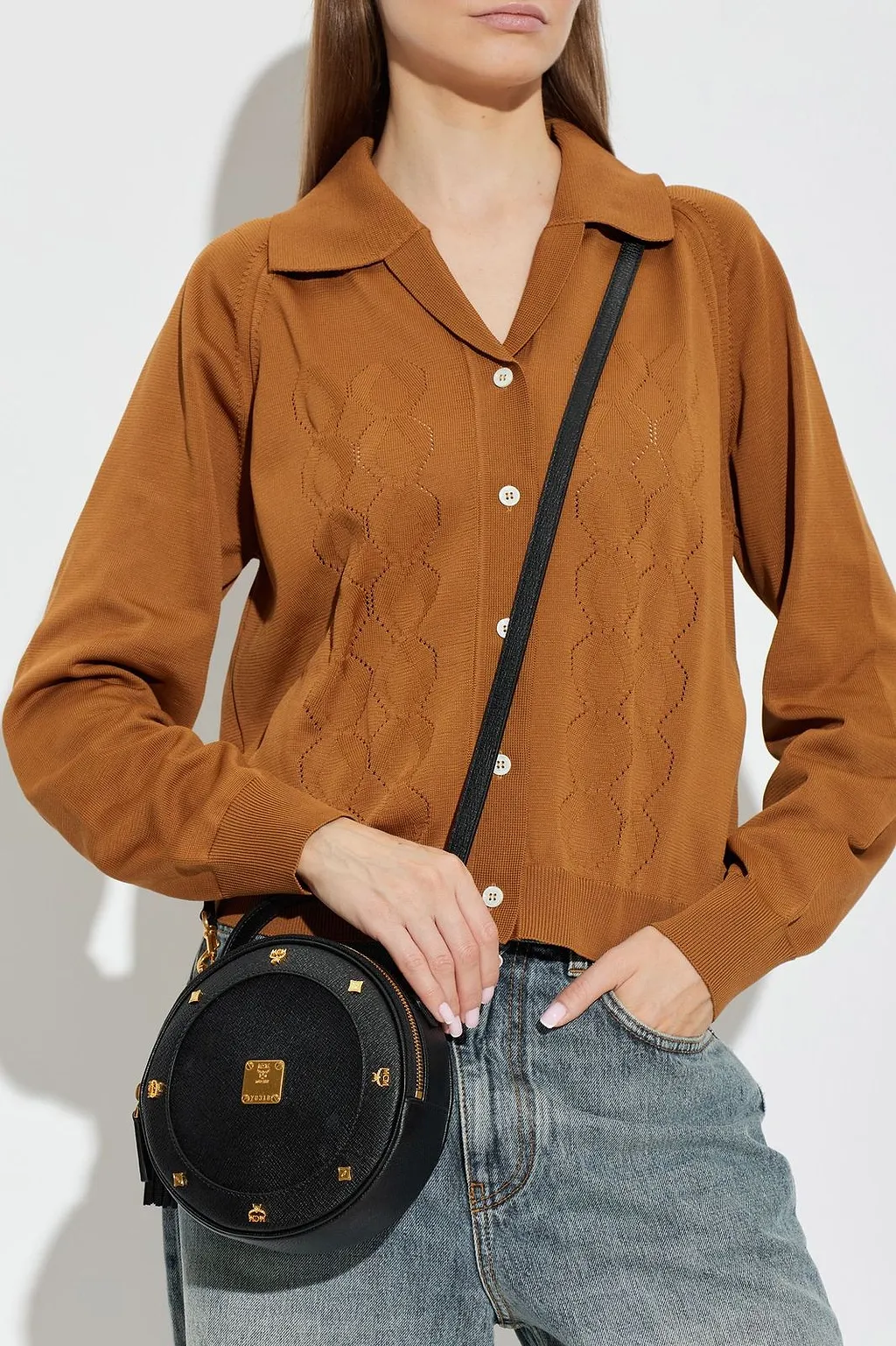 Mcm Pina Studded Round Shoulder Bag