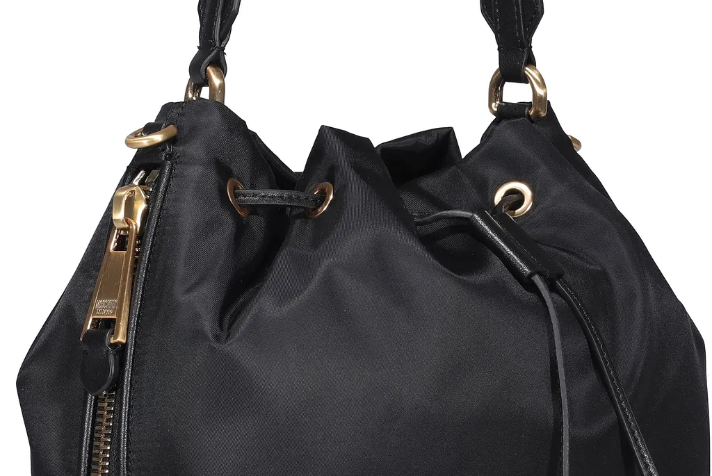 Moschino Logo Plaque Drawstring Bucket Bag