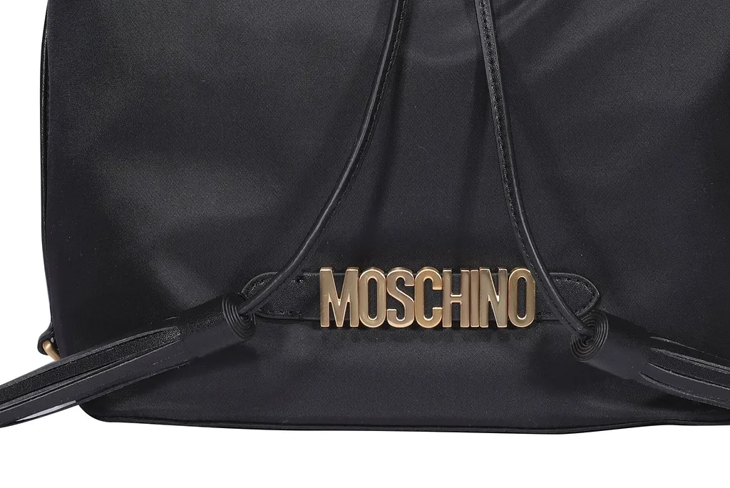 Moschino Logo Plaque Drawstring Bucket Bag