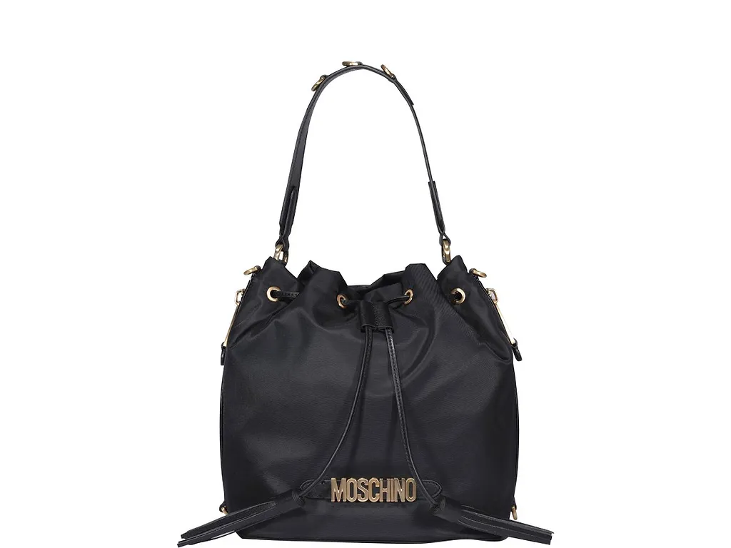 Moschino Logo Plaque Drawstring Bucket Bag