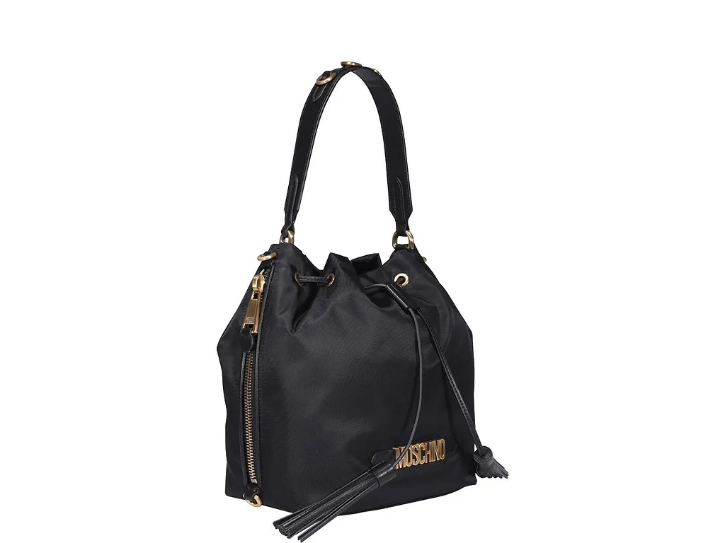 Moschino Logo Plaque Drawstring Bucket Bag