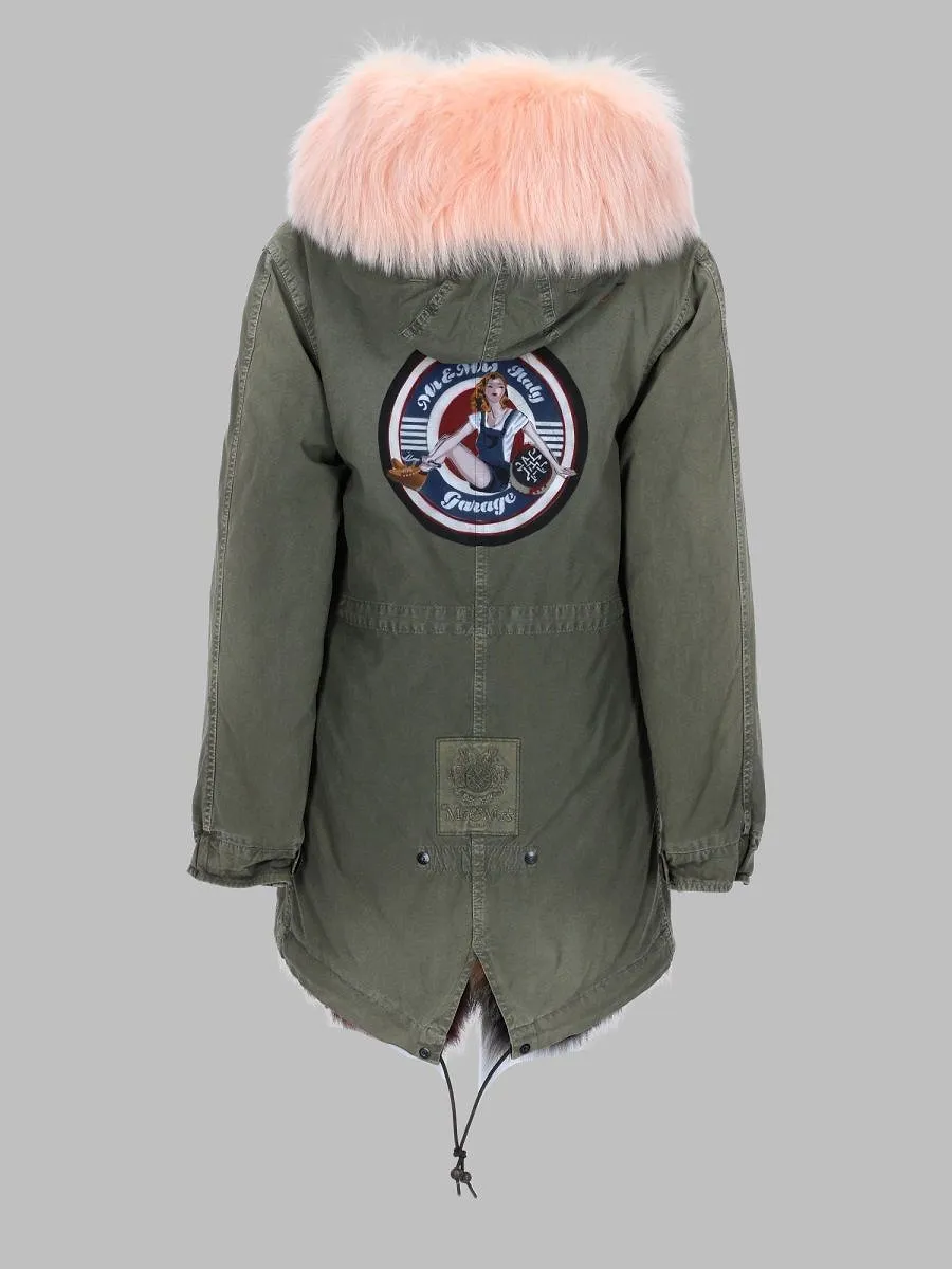 Embroidered Fur Trim Parka Coat