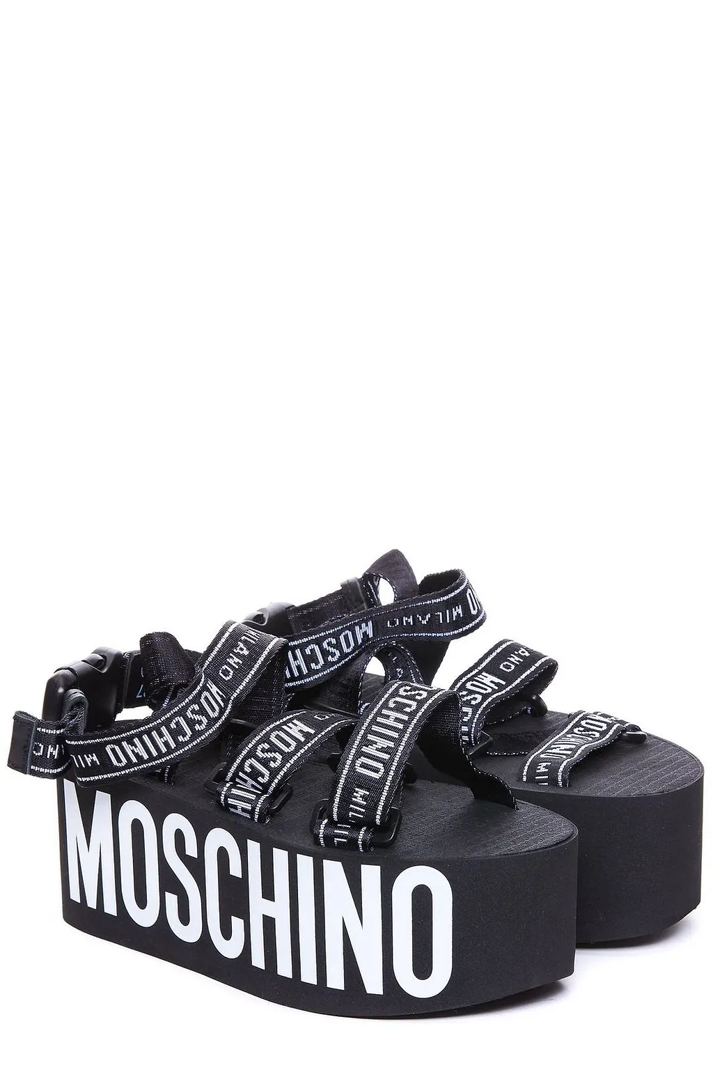 Moschino Logo Printed Strapped Platform Sandals