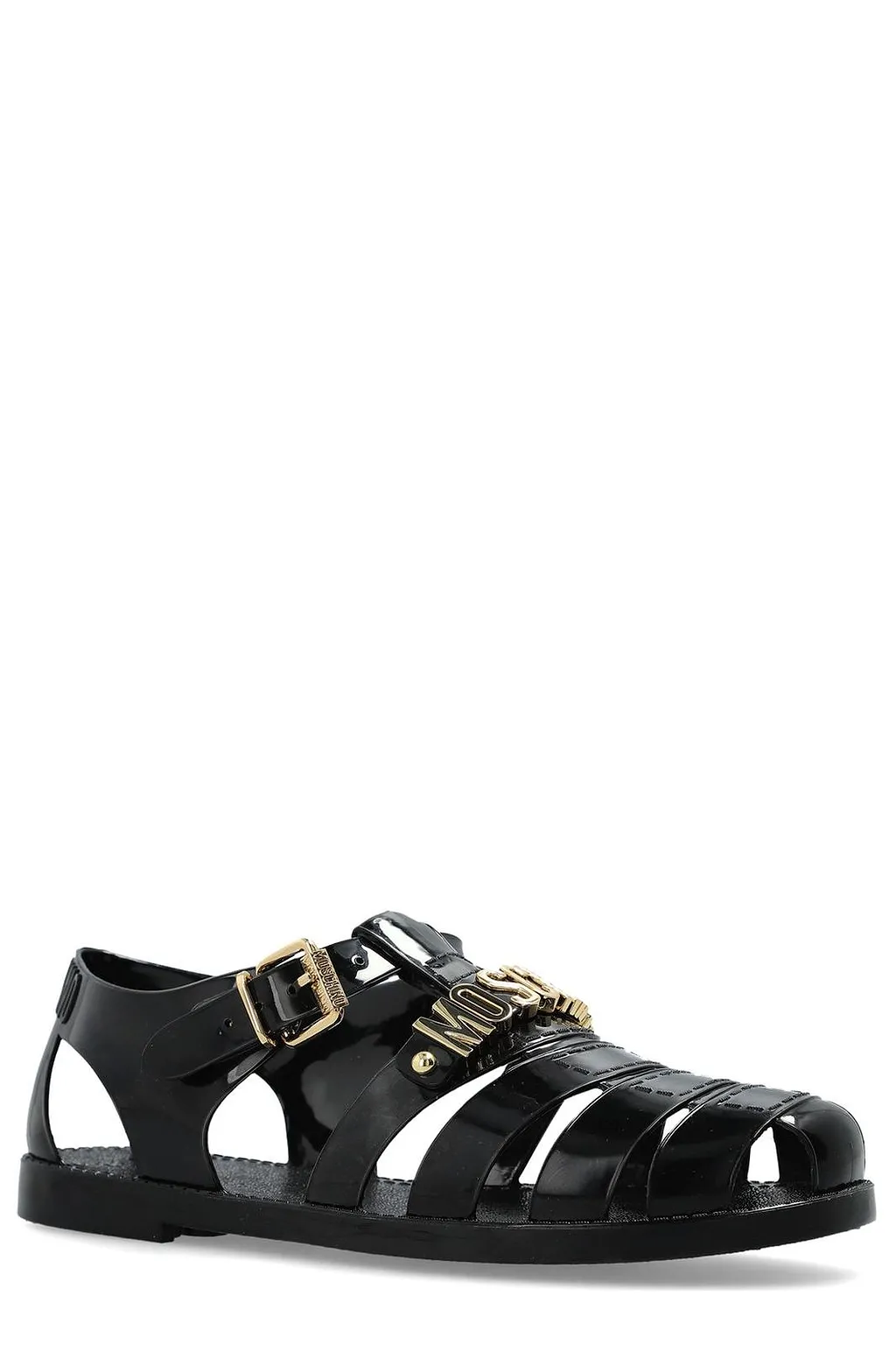 Moschino Logo Plaque Strappy Flat Sandals