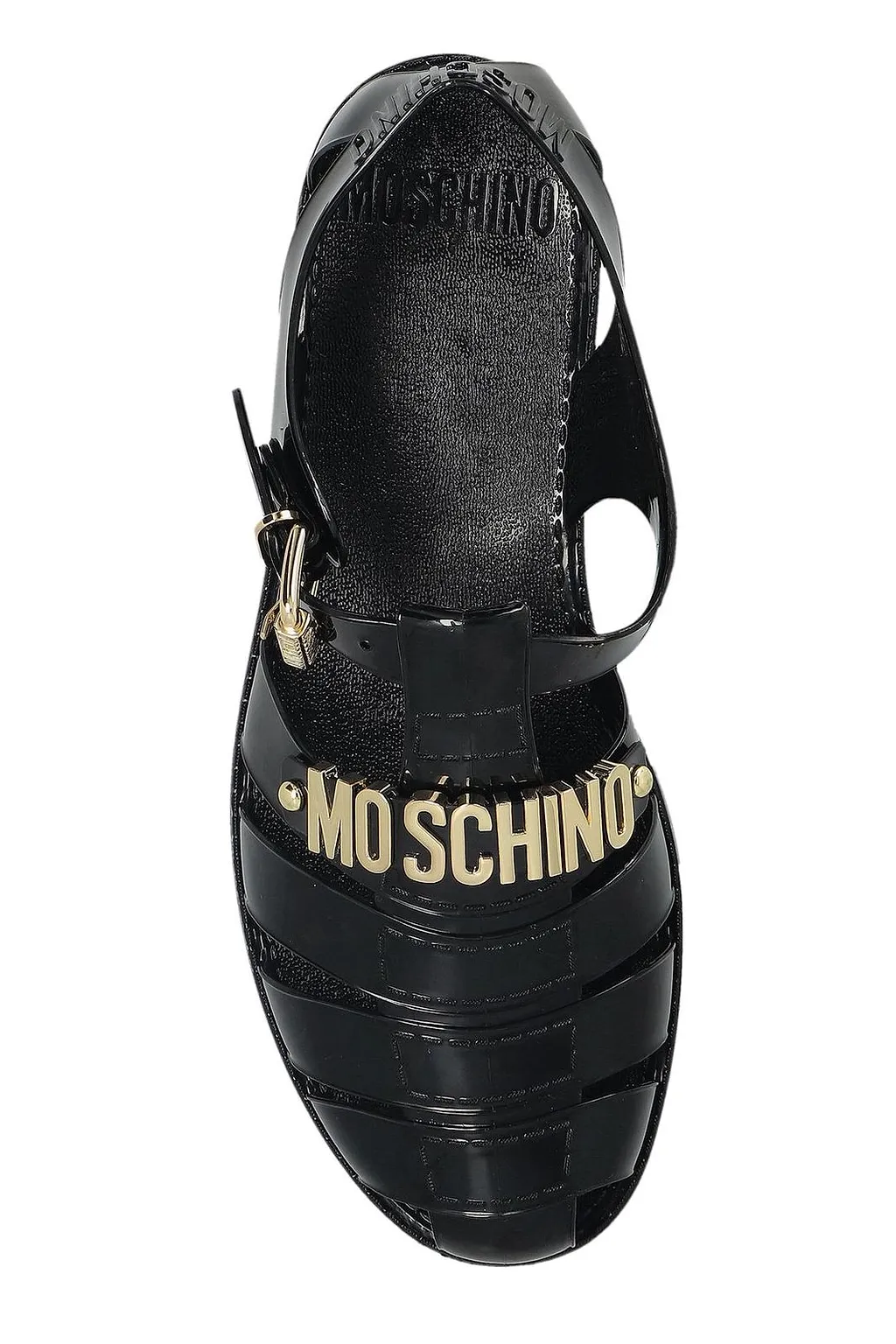 Moschino Logo Plaque Strappy Flat Sandals