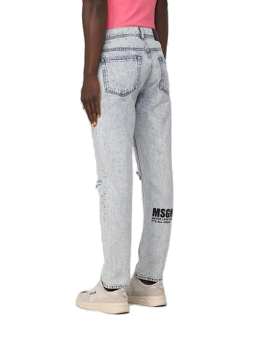 Msgm Logo Patch Distressed Straight Leg Jeans