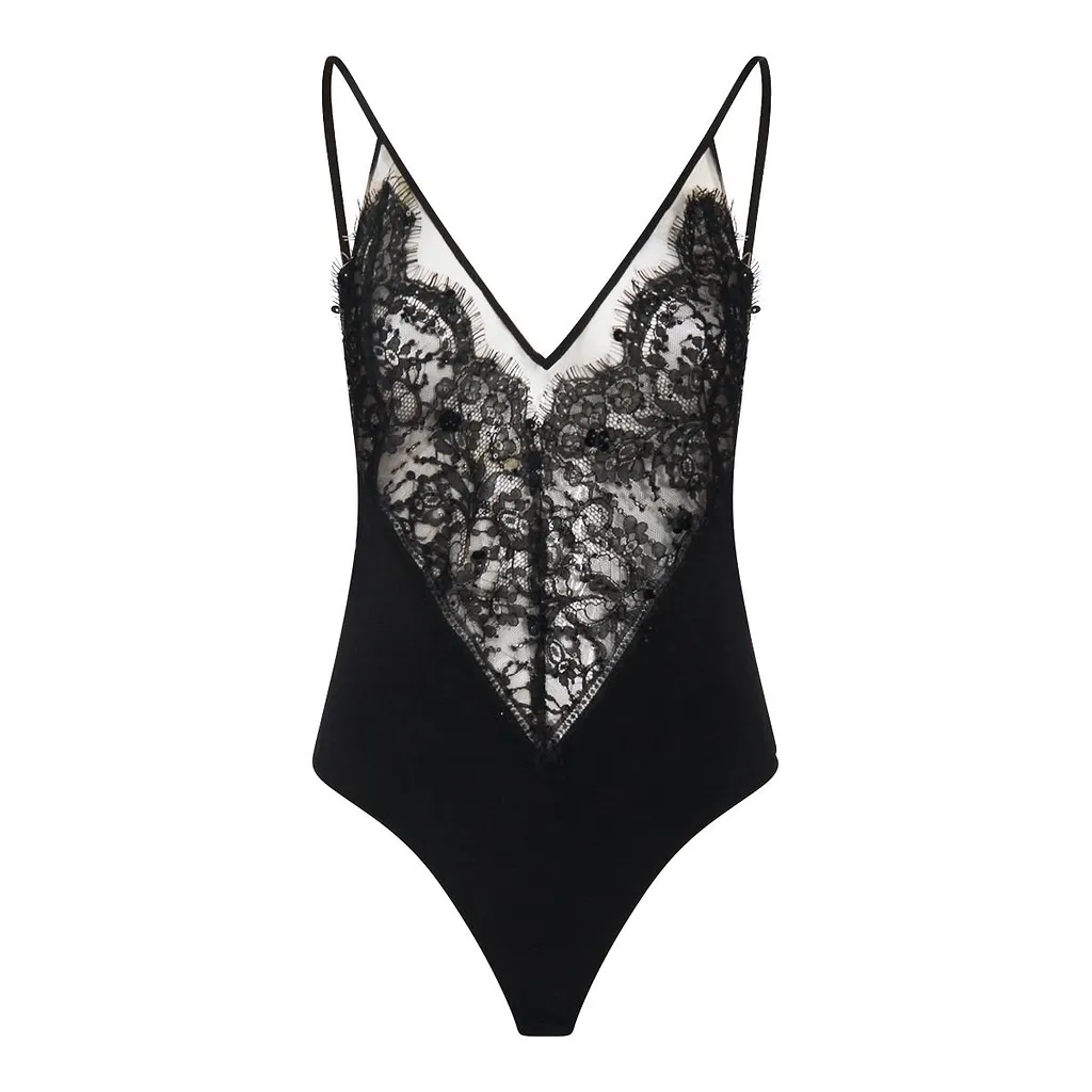 Nissa Floral-Lace V-Neck Tulle Bodysuit