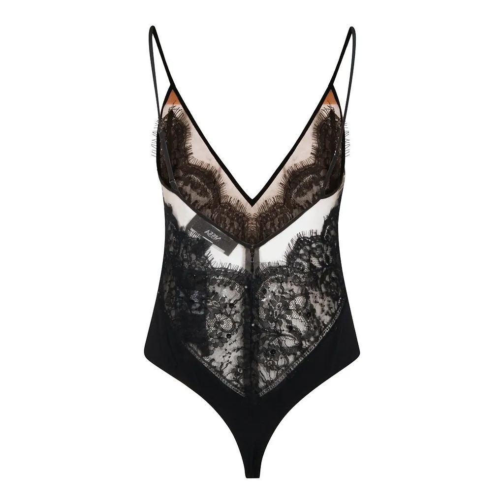 Nissa Floral-Lace V-Neck Tulle Bodysuit