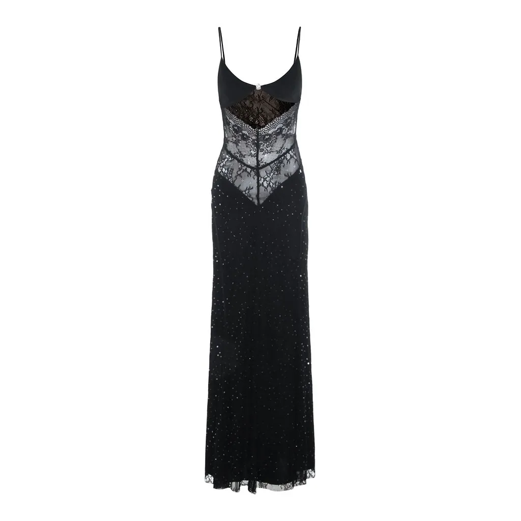 Nissa Lace-Panel Embellished Maxi Dress