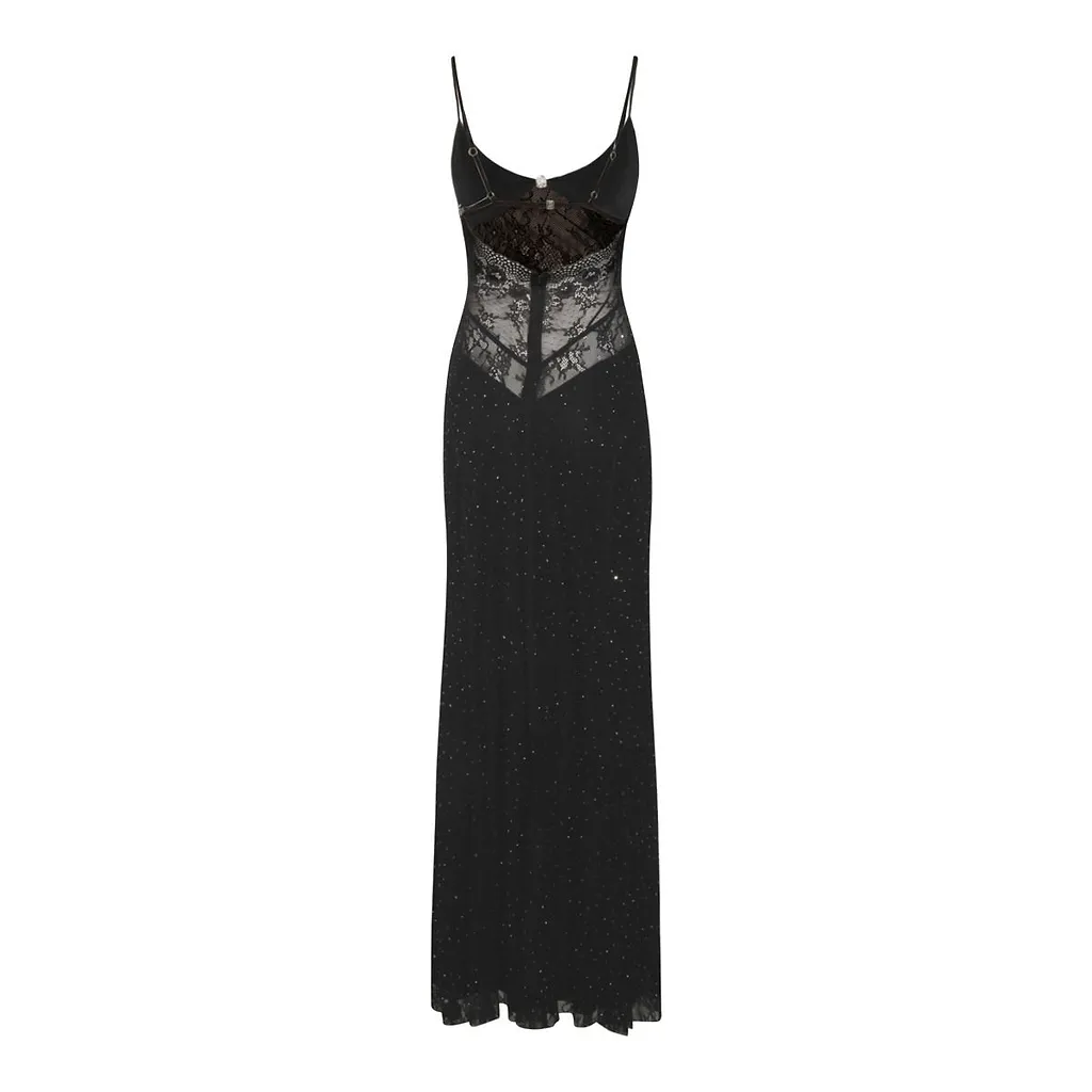 Nissa Lace-Panel Embellished Maxi Dress
