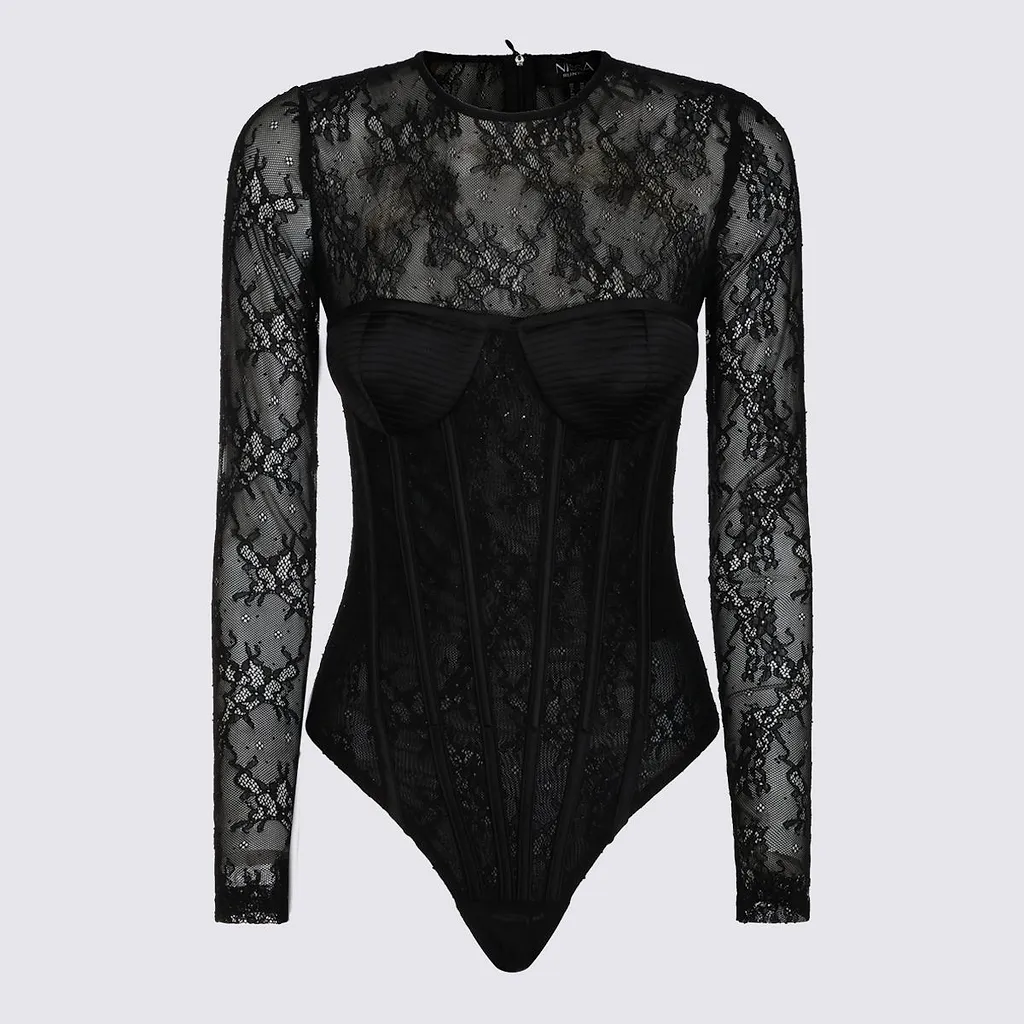 Sheer Lace Long-Sleeve Bodysuit
