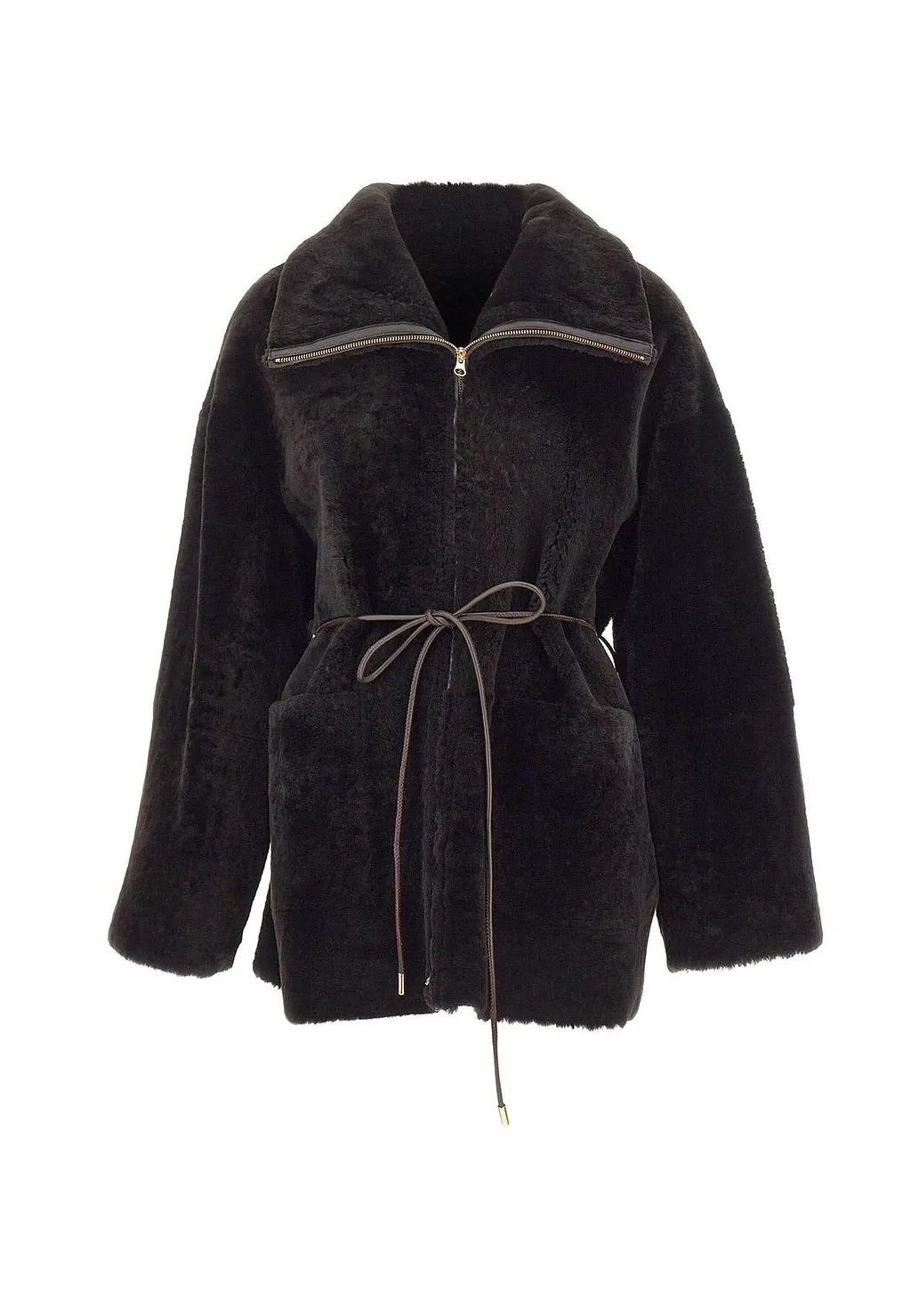 Novelle Patty Short Belted Shearling Coat