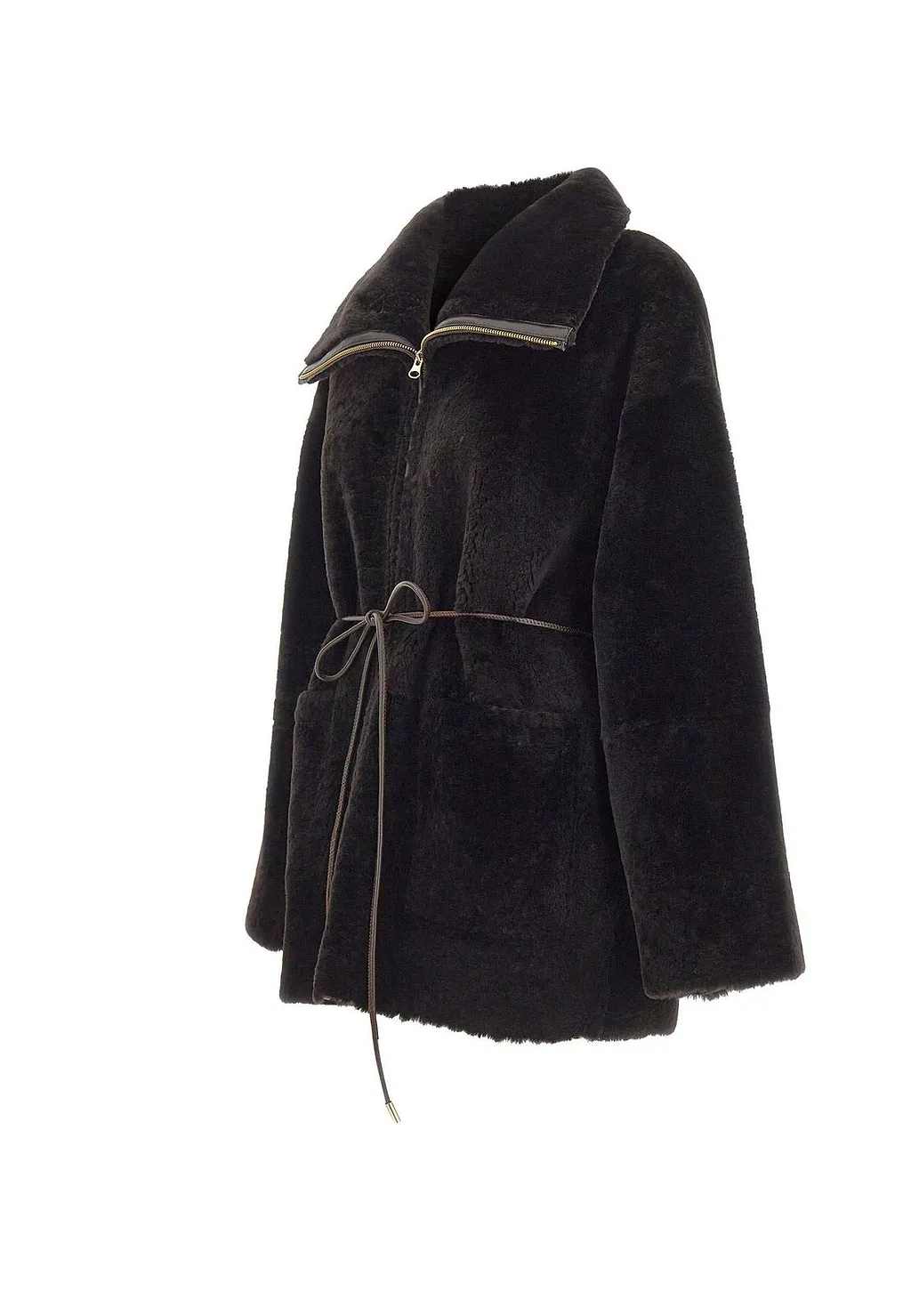 Novelle Patty Short Belted Shearling Coat