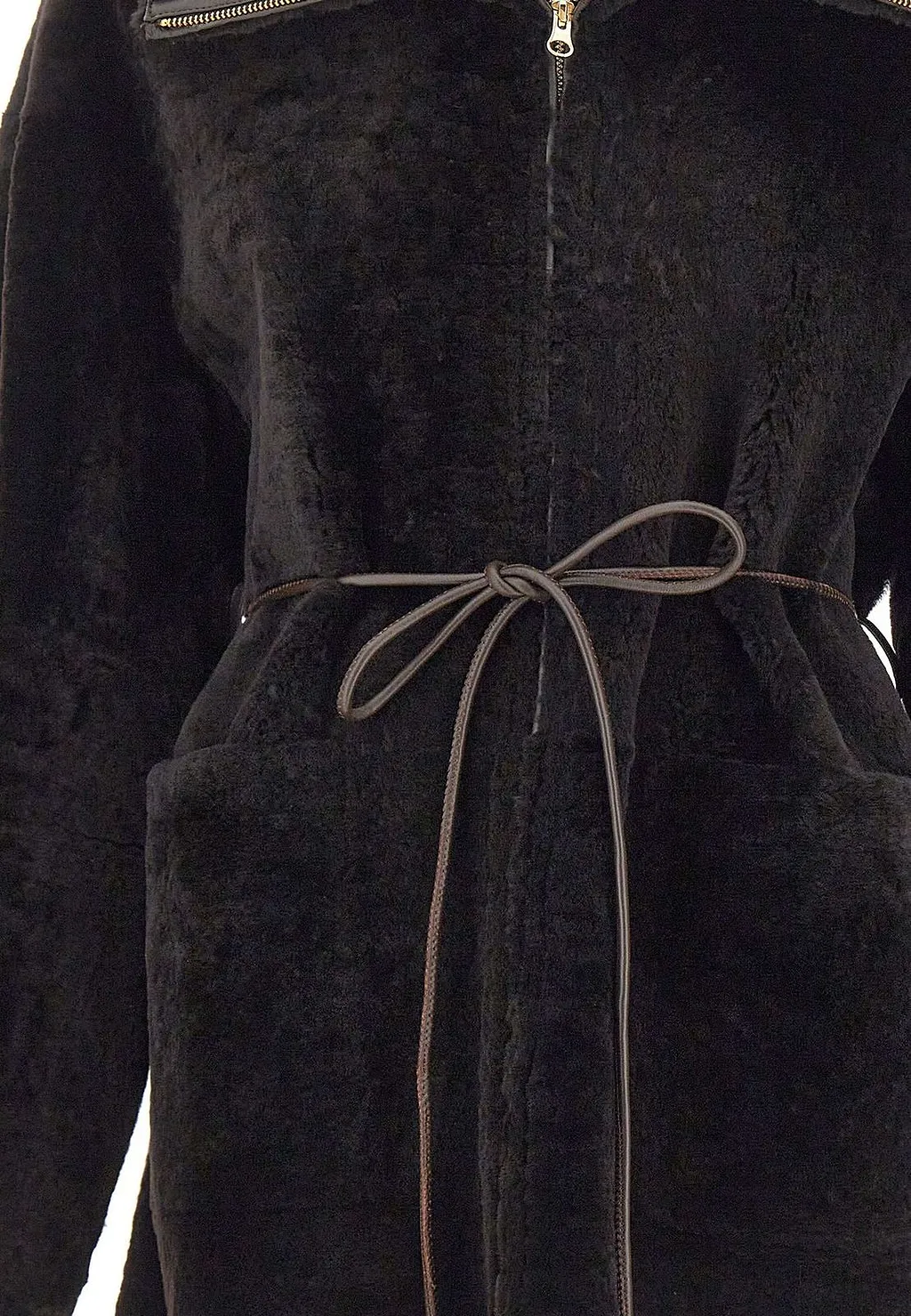 Novelle Patty Short Belted Shearling Coat