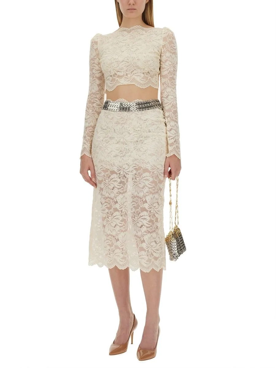 Paco Rabanne High-Waist Floral Lace Midi Skirt