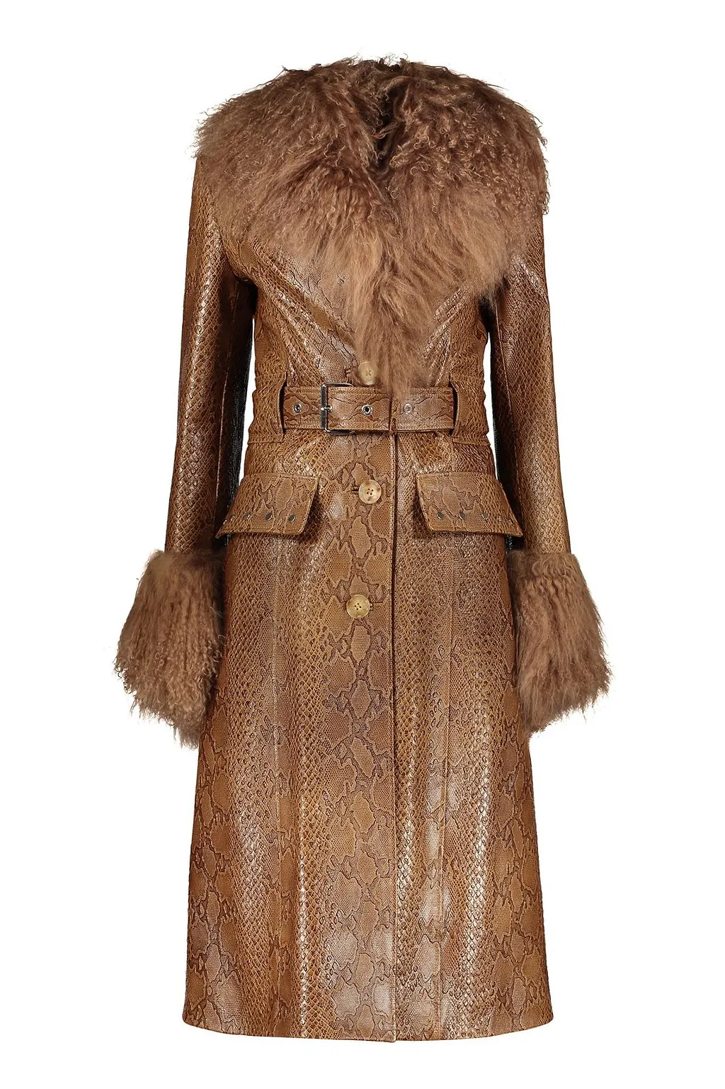 Burberry Printed Belted Fur-Trim Coat