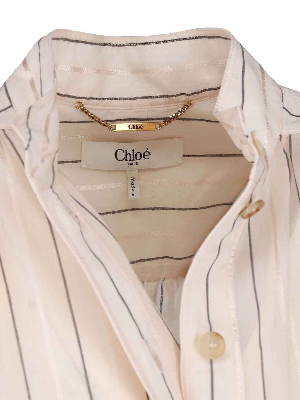 Chloé High-Neck Striped Gathered Blouse