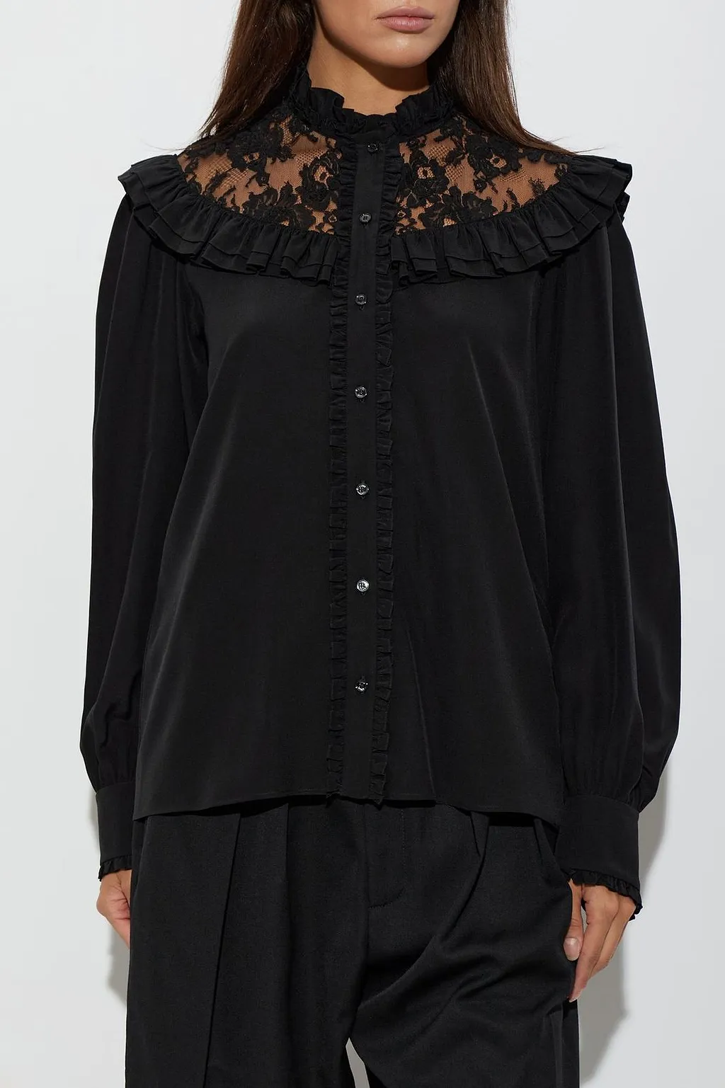 High-Neck Laced Ruffled Blouse