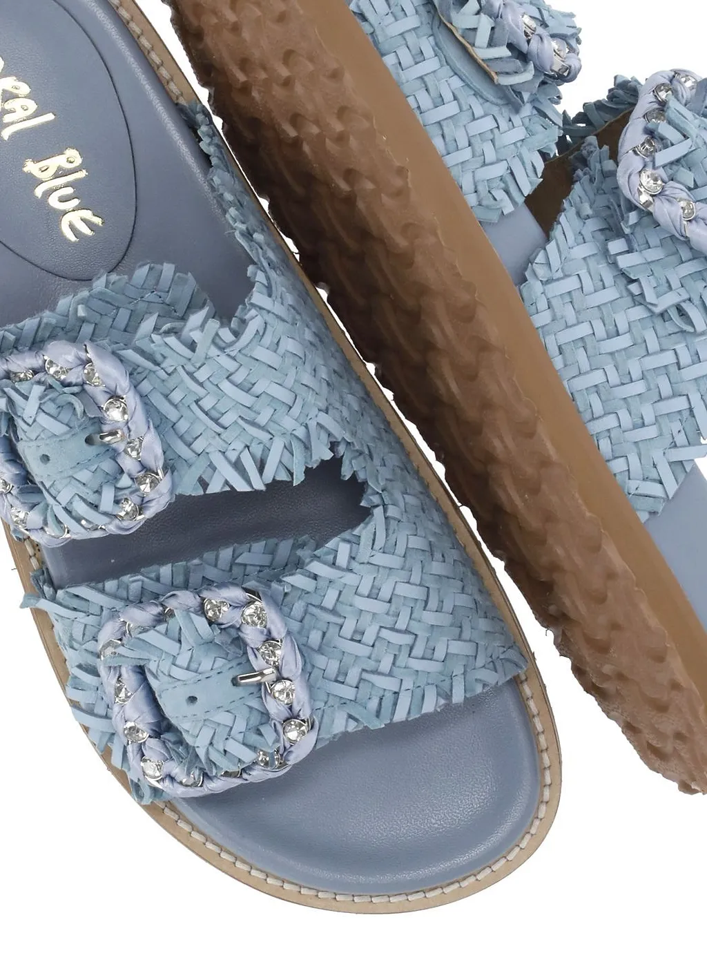 Coral Blue Frayed Buckle Flat Sandals