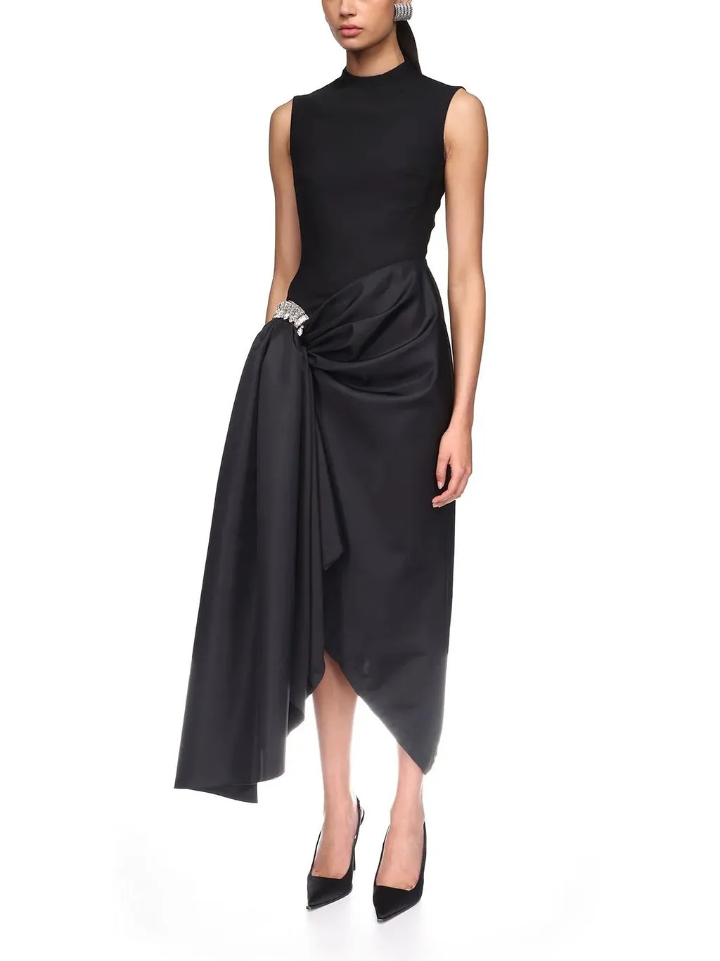 David Koma Crystal Brooch Draped Midi Dress