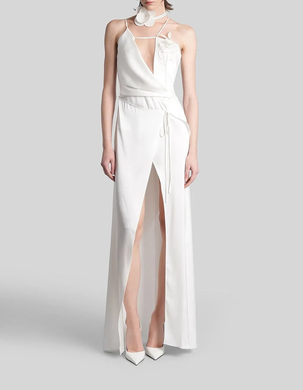 Floral-Aplique Front-Slit Wrap Dress