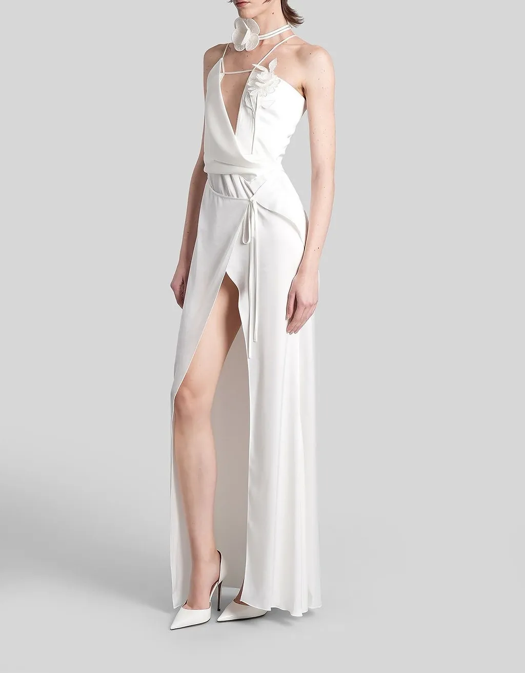 Floral-Aplique Front-Slit Wrap Dress