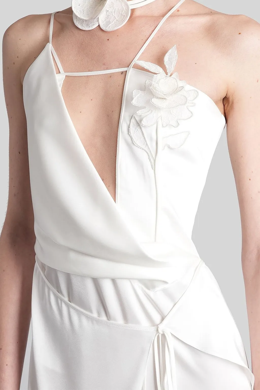 Floral-Aplique Front-Slit Wrap Dress