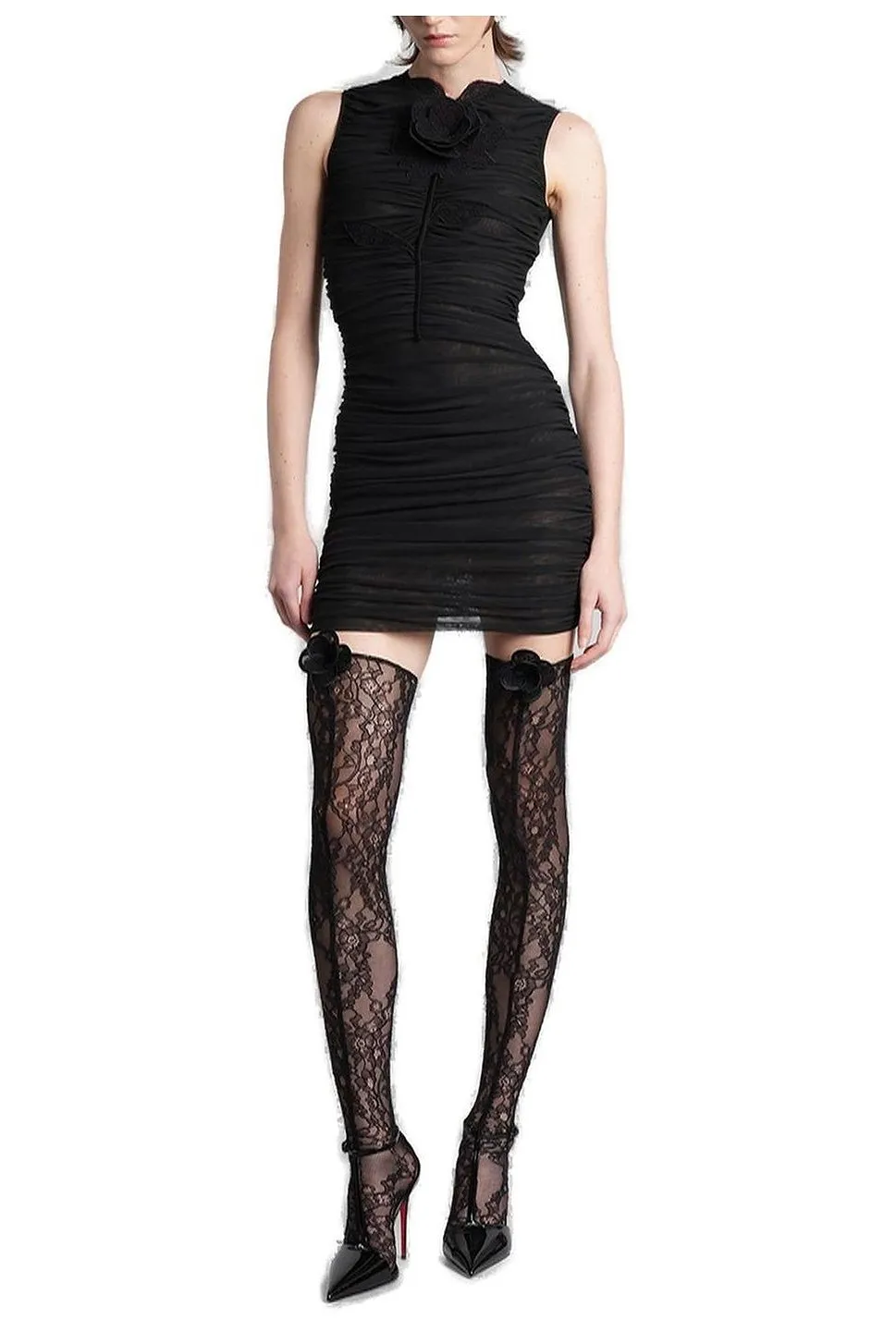 David Koma Lace Rose Embroidered Ruched Mini Dress