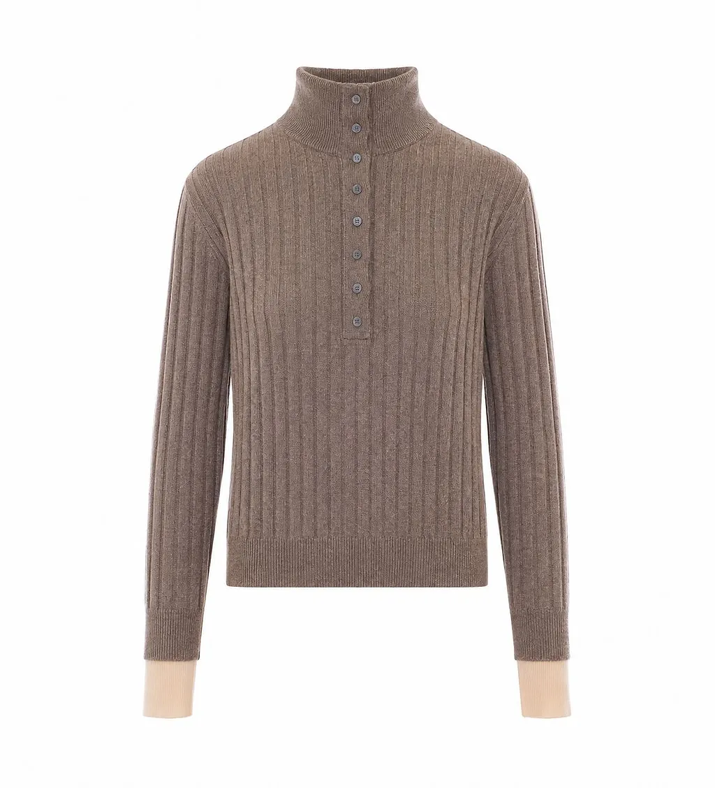 Ribbed Button-Neck Knitted Sweater