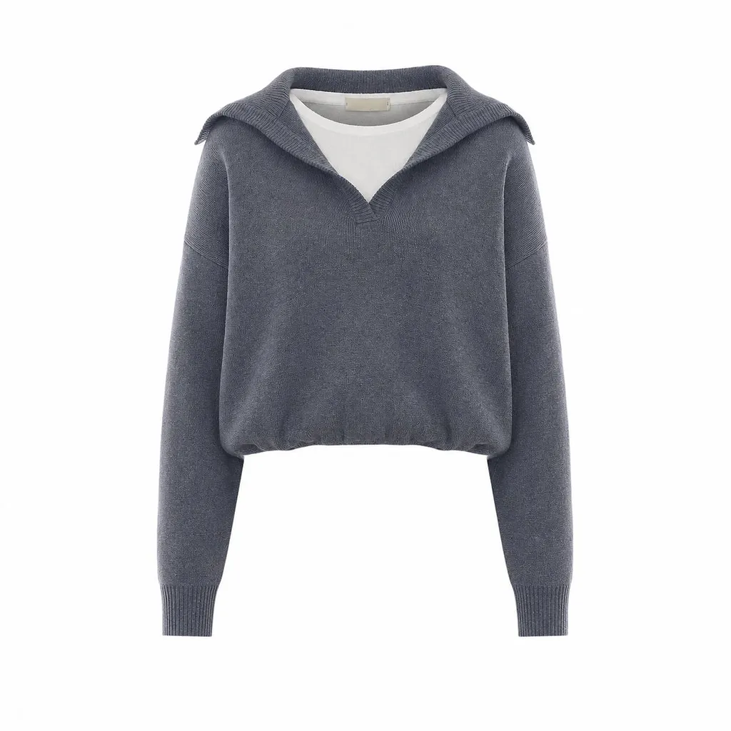 V-Neck Sailor-Collar Knitted Sweater