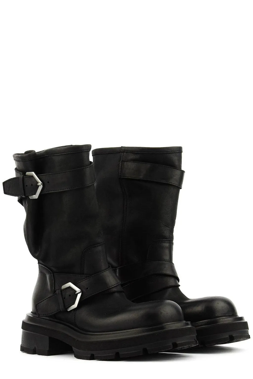 Elena Iachi Round Toe Buckled Biker Boots