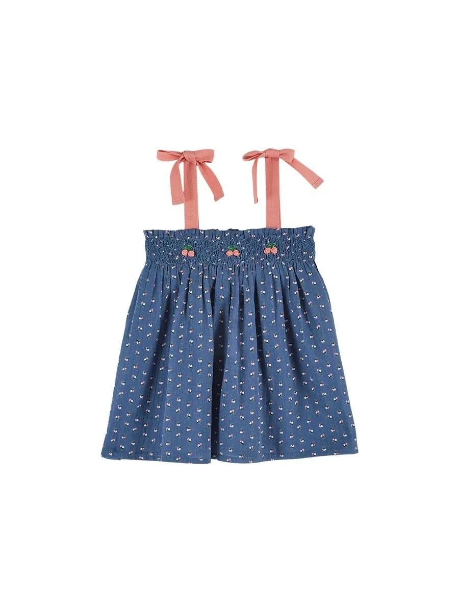 Smocked Embroidered Strap Top
