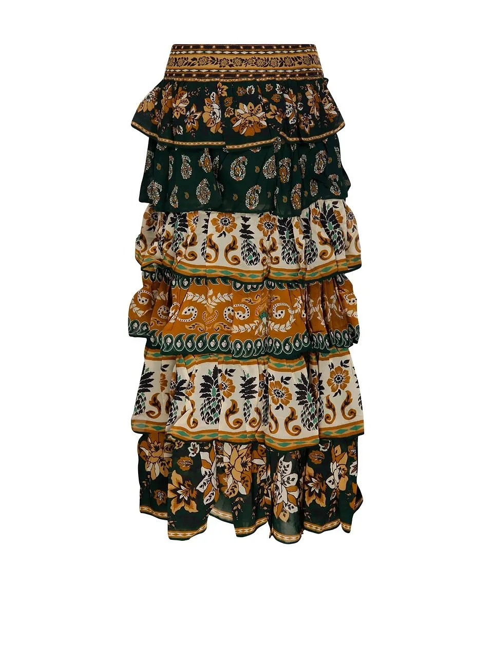 Farm Rio Mixed Scarf Ruffled Maxi Skirt