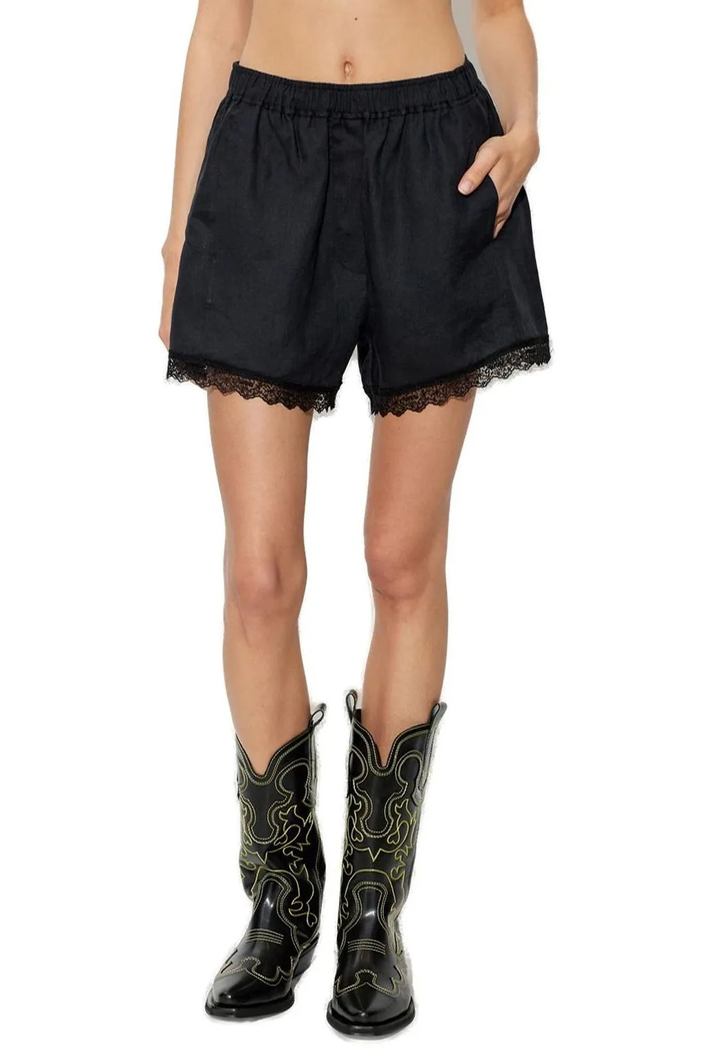 Ganni Lace Trim Linen Shorts