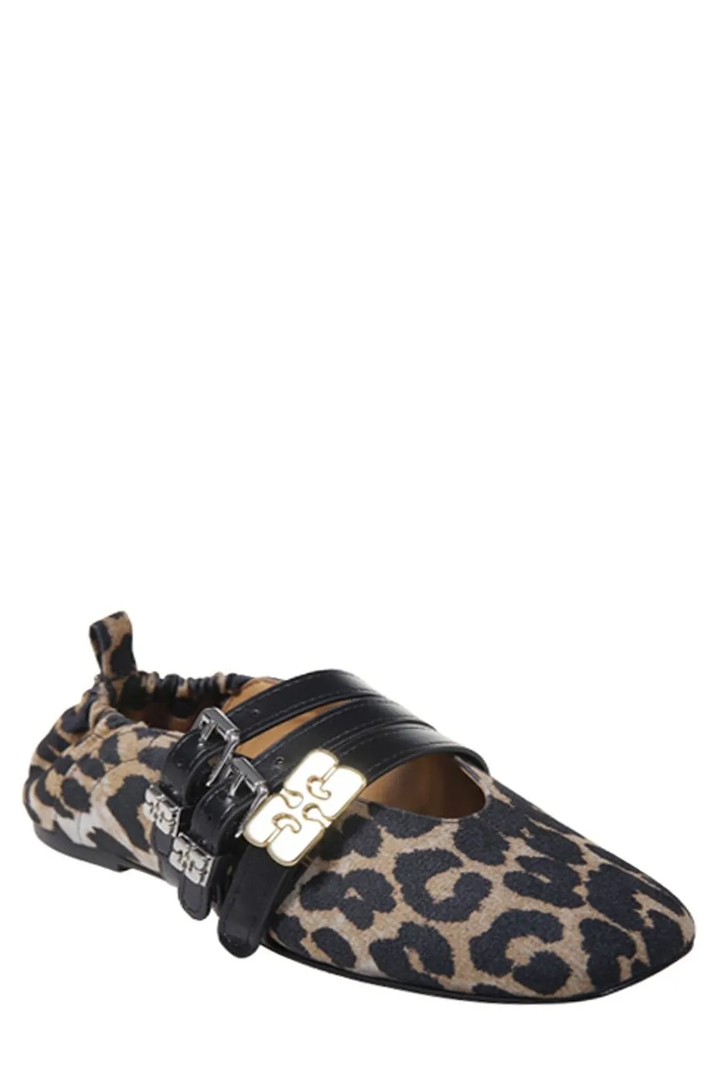 Ganni Leopard-Print Logo Detailed Ballet Flats