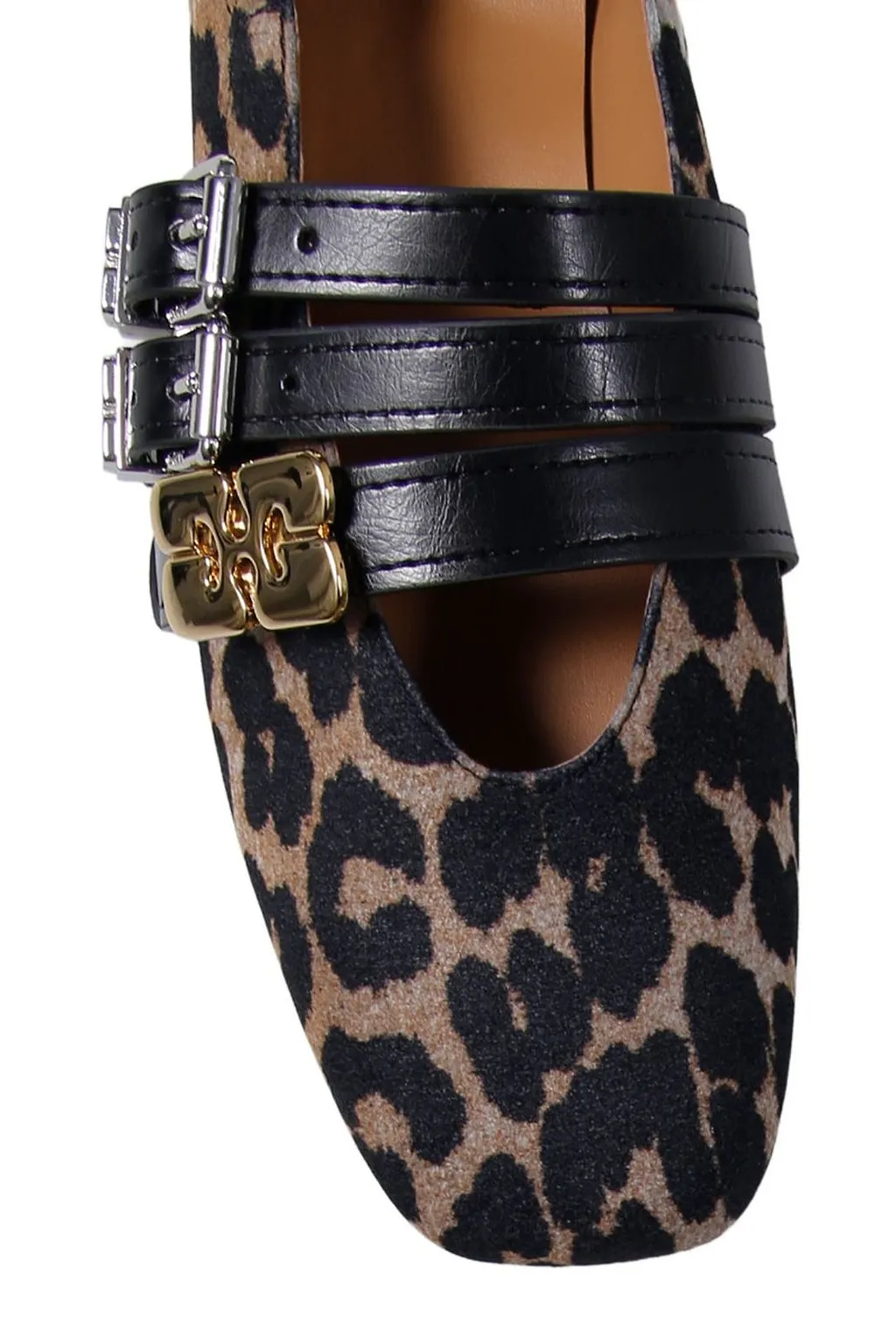 Ganni Leopard-Print Logo Detailed Ballet Flats