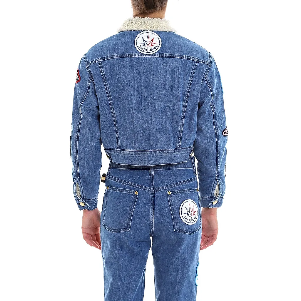 Patch Embellished Shearling Denim Jacket