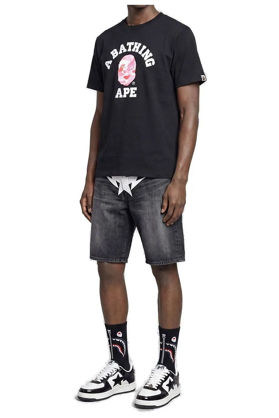A Bathing Ape Star-Print Logo Patch Denim Shorts