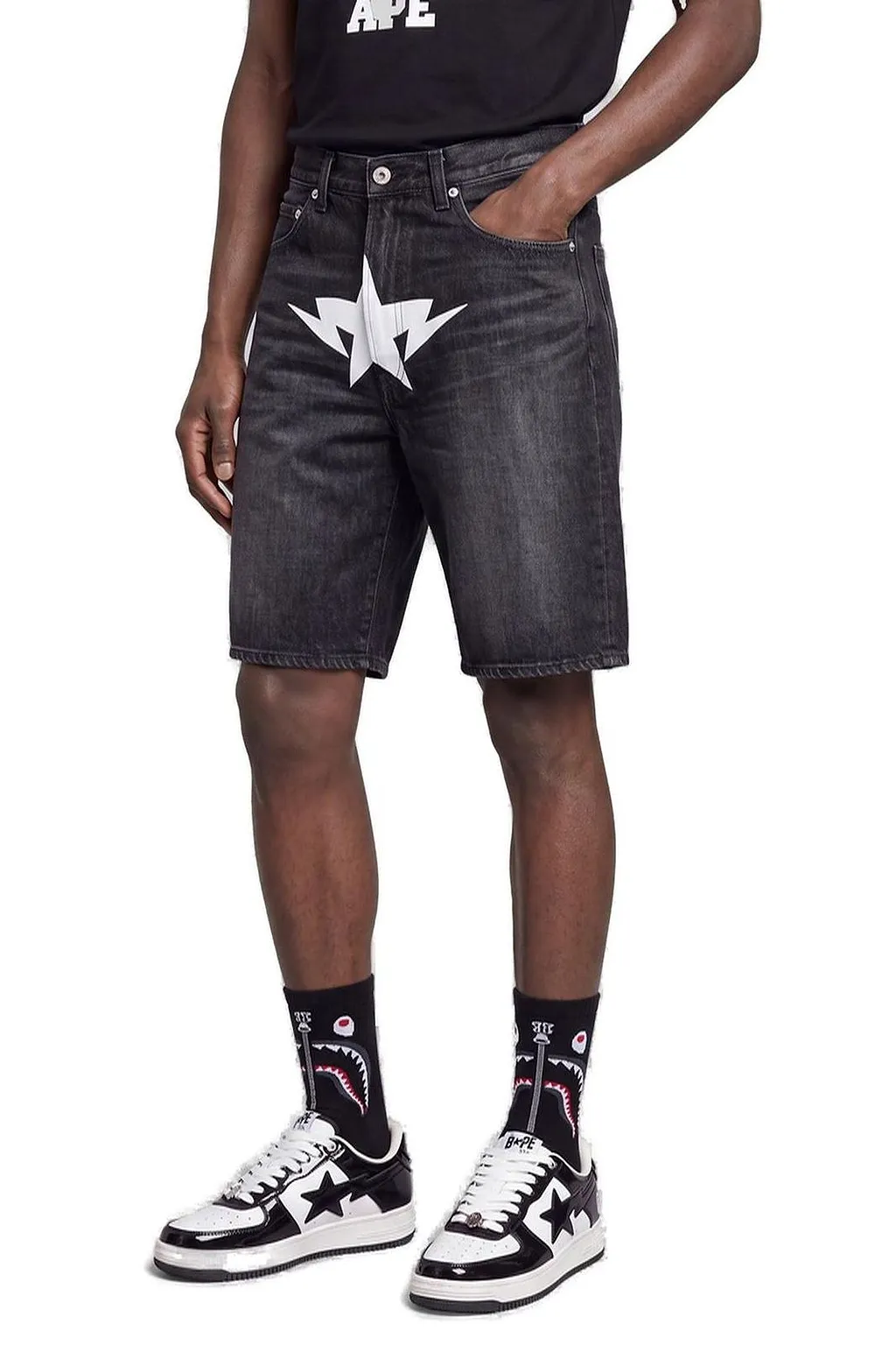 A Bathing Ape Star-Print Logo Patch Denim Shorts