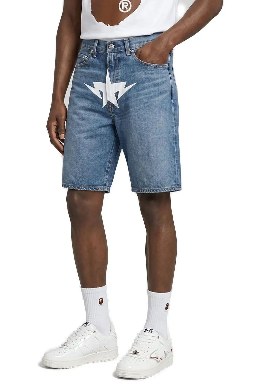 A Bathing Ape® Star-Print Logo Patch Denim Shorts