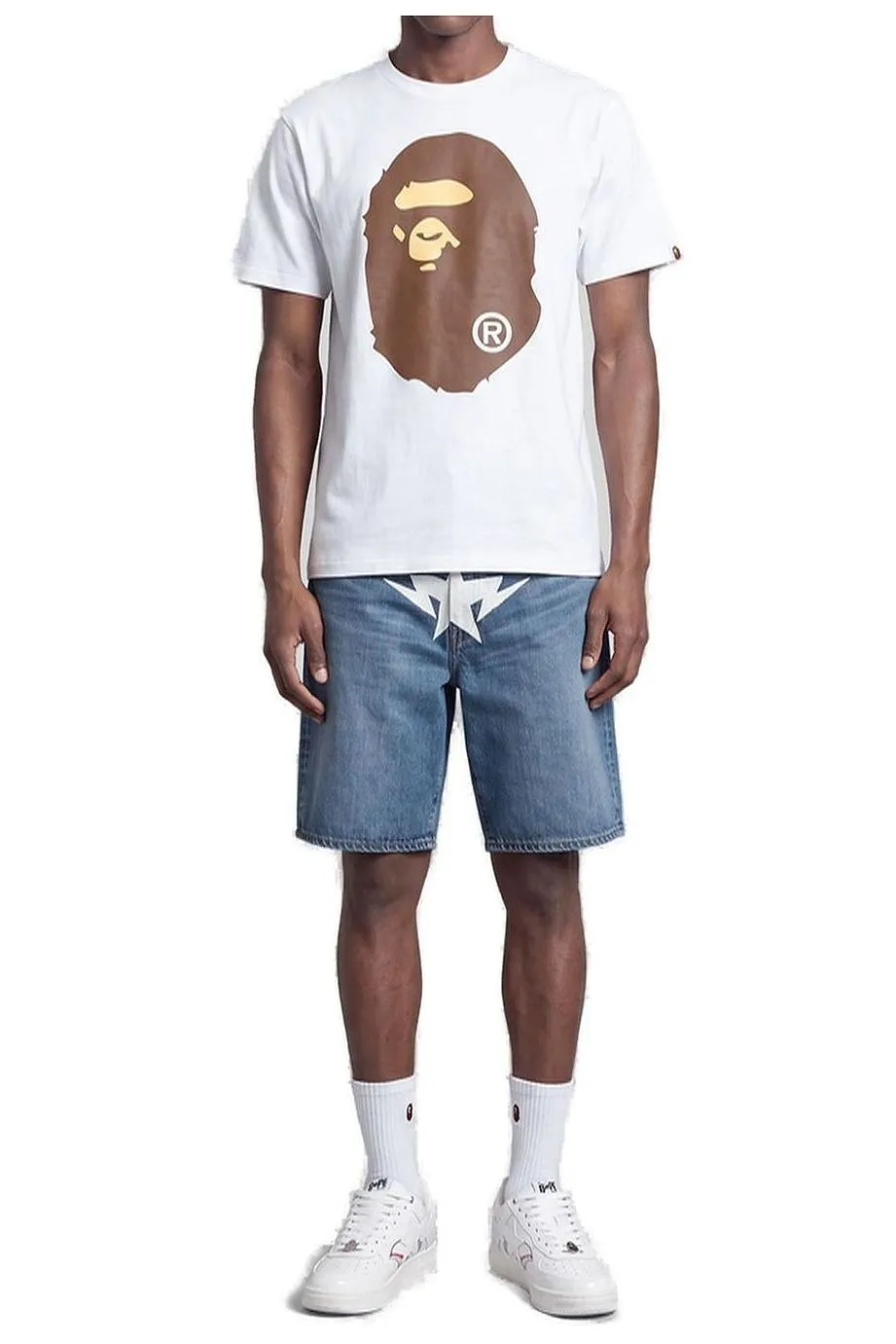 A Bathing Ape® Star-Print Logo Patch Denim Shorts