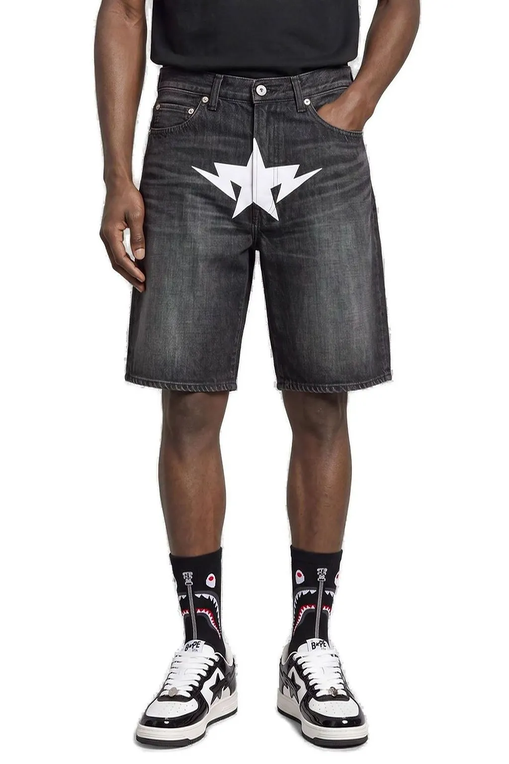 A Bathing Ape Star-Print Logo Patch Denim Shorts