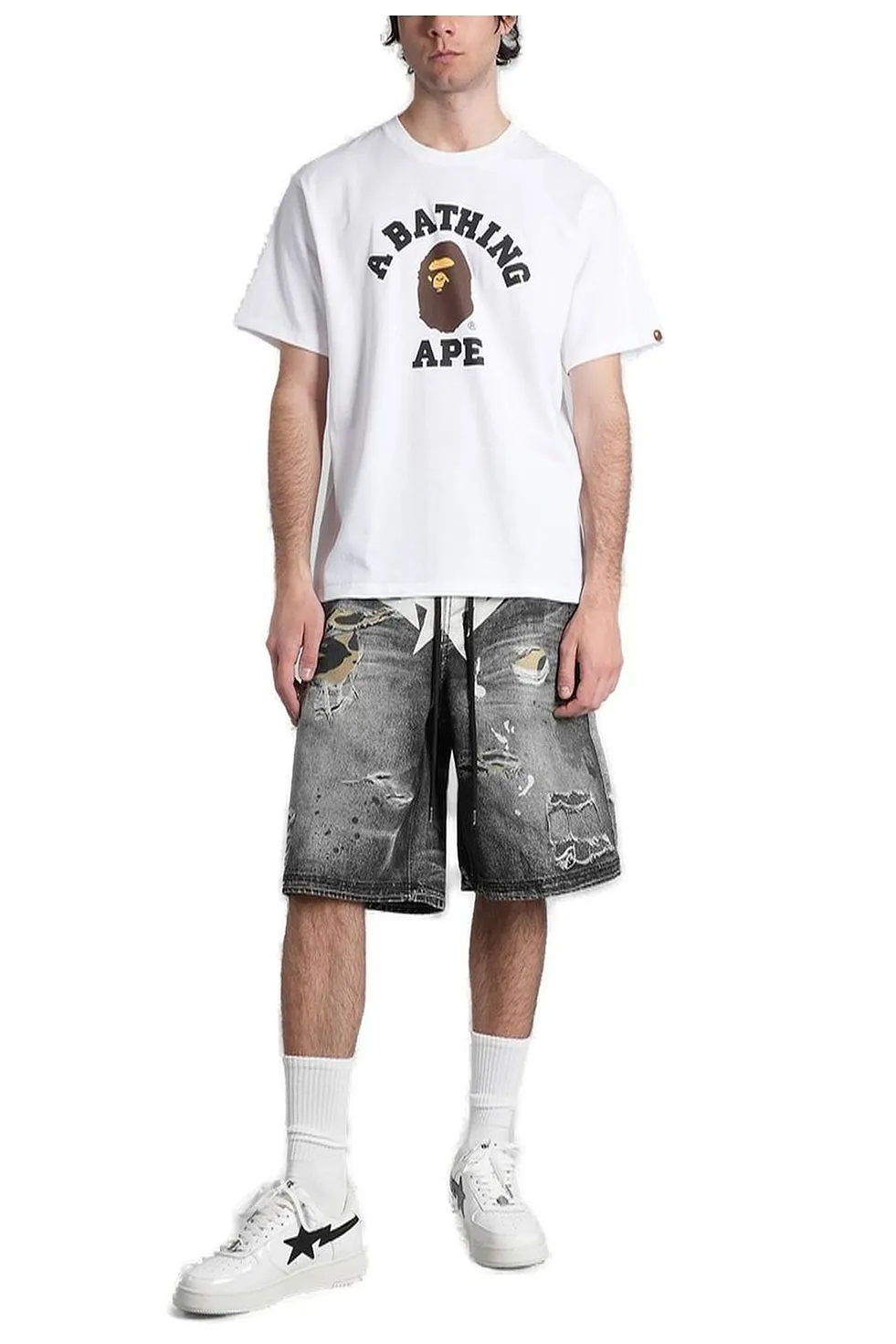 A Bathing Ape® Distressed-Effect Drawstring Denim Shorts