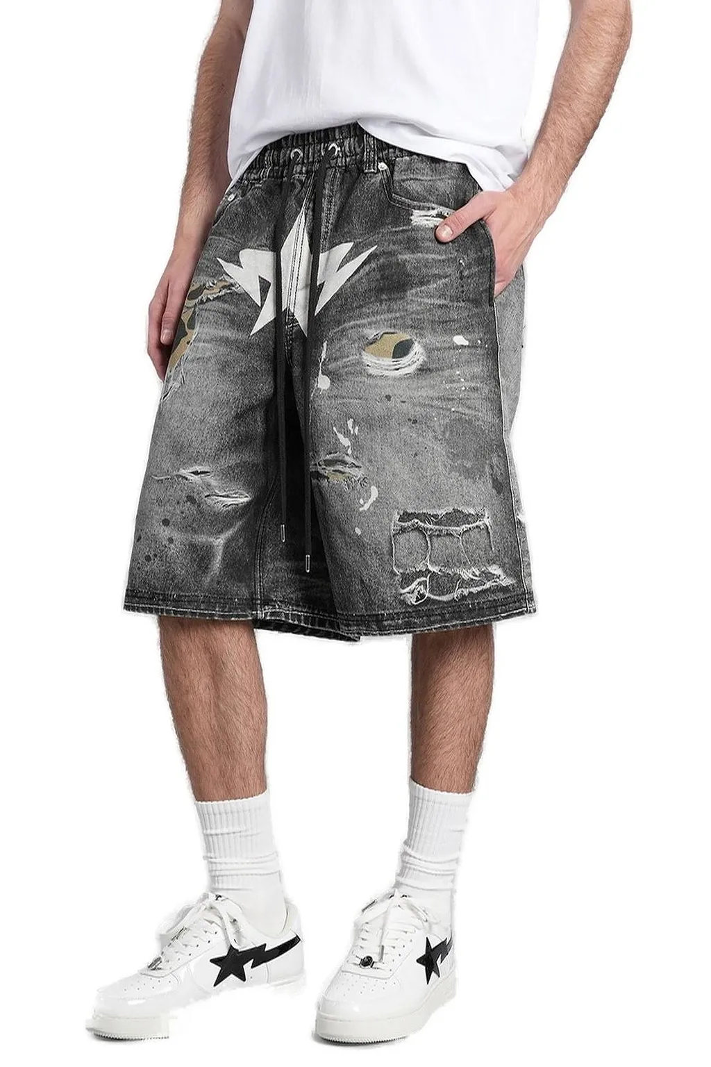 A Bathing Ape® Distressed-Effect Drawstring Denim Shorts