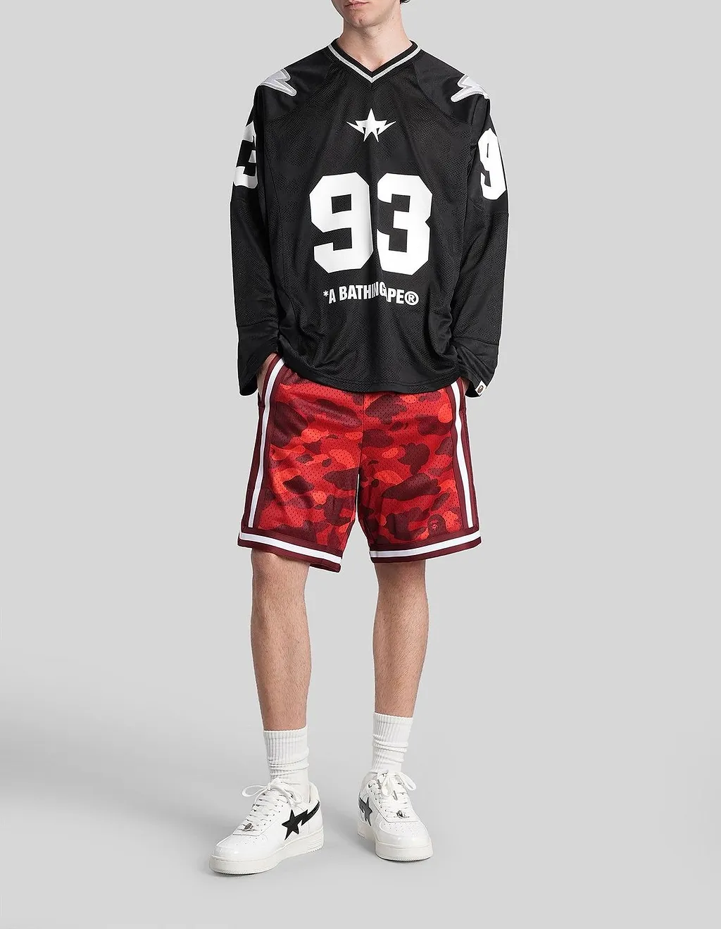 A Bathing Ape® Logo-Print Long Sleeved V-Neck T-Shirt