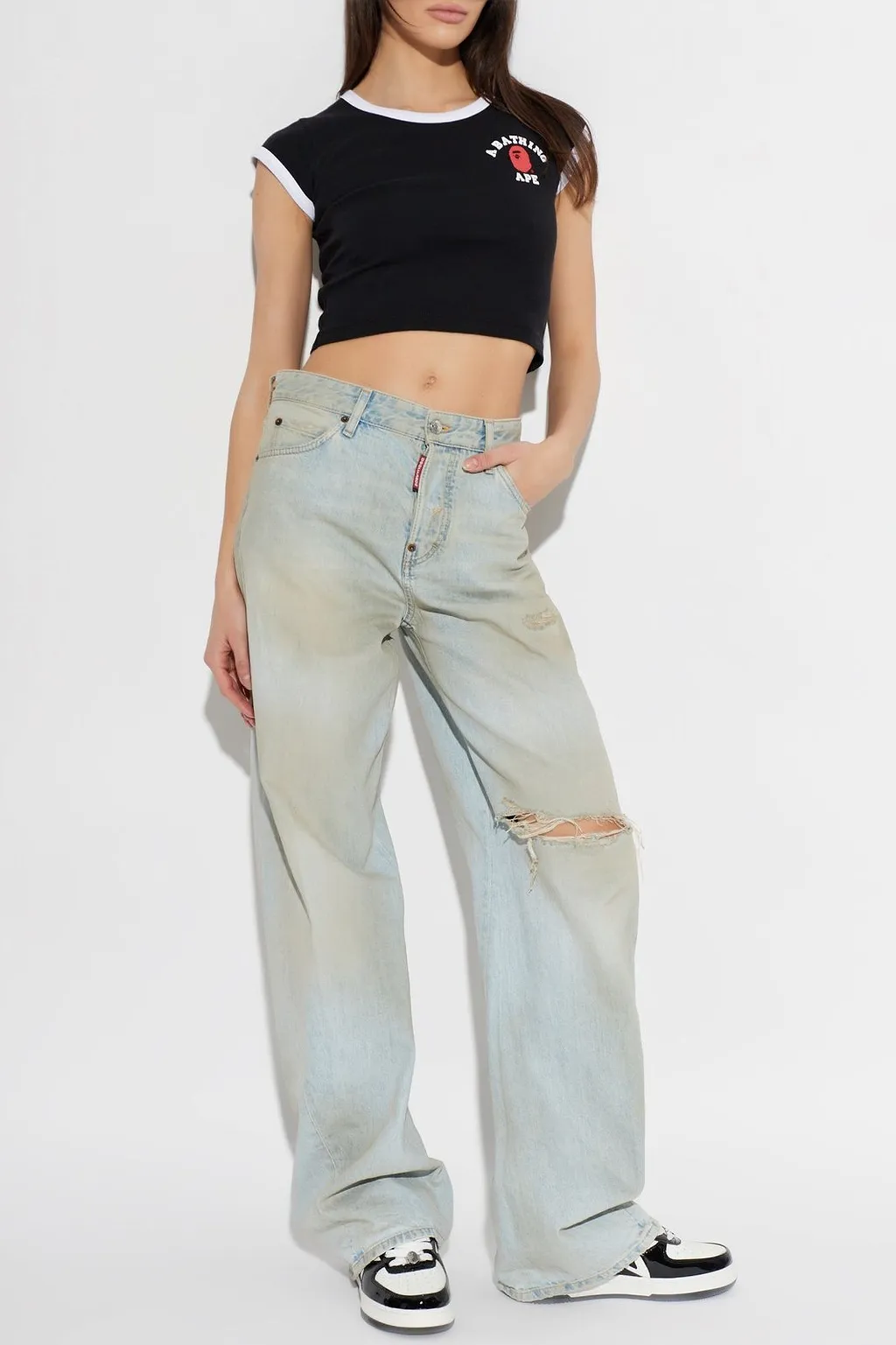 A Bathing Ape® Logo Trimmed Cropped T-Shirt