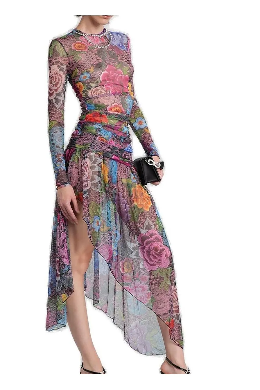 Floral-Print Gathered Midi Dress