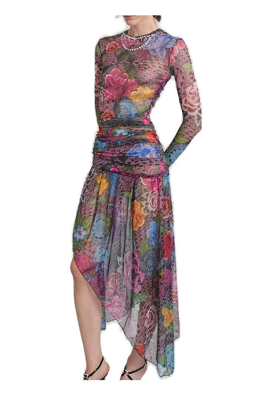 Floral-Print Gathered Midi Dress