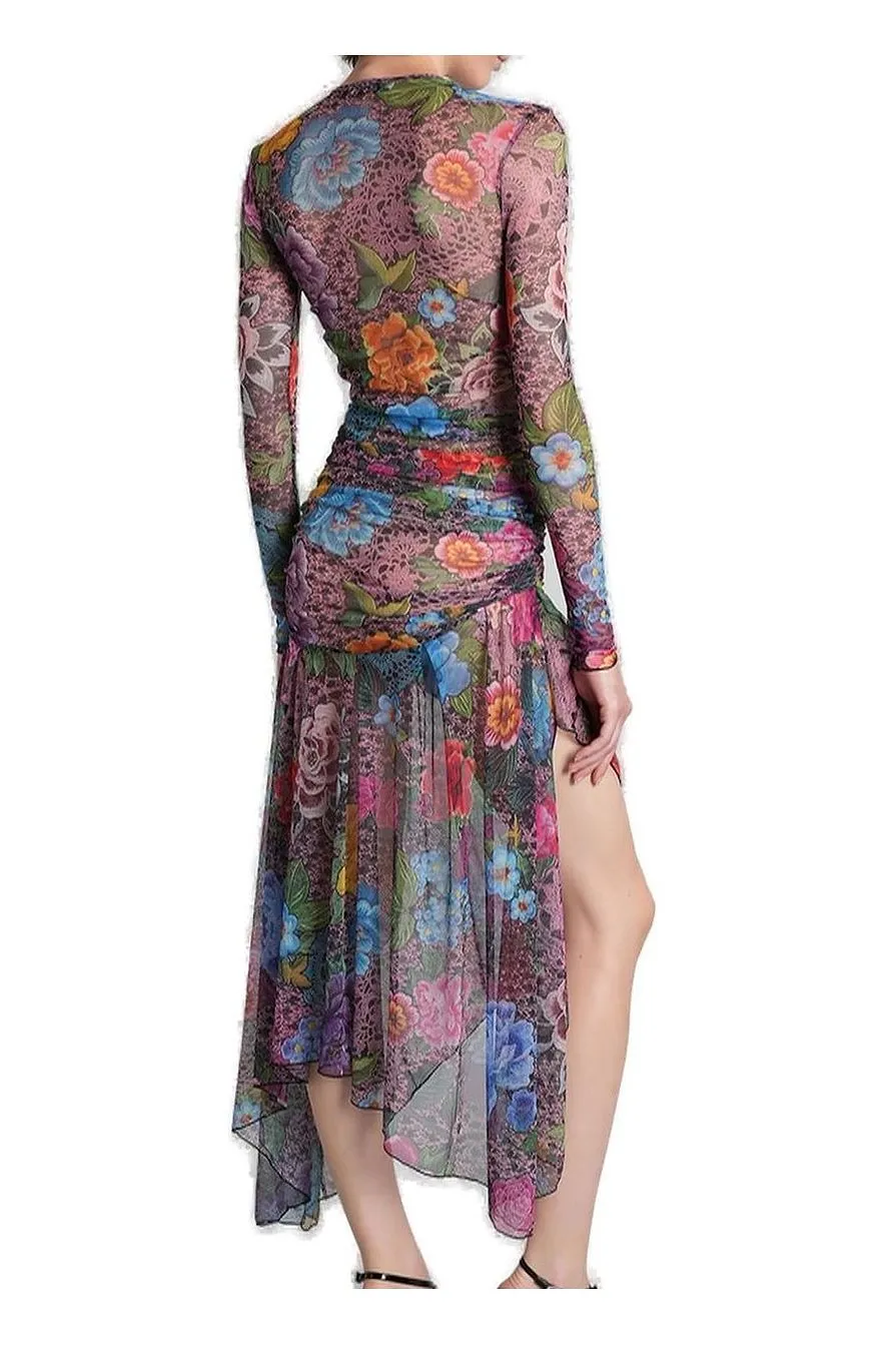Floral-Print Gathered Midi Dress